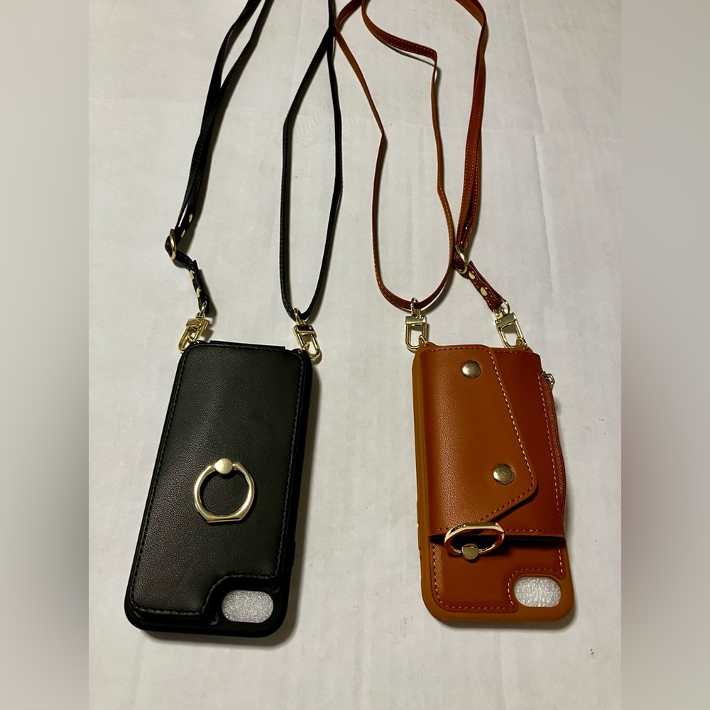 Black & Brown iPhone 7/8/SE 2020/SE 2022 Phone Wallet w/Crossbody Strap